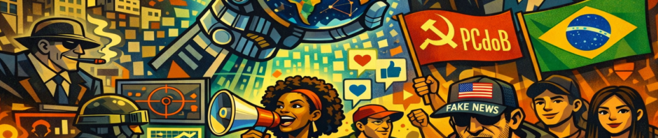 Ilustração digital sobre inteligência artificial e disputa política.