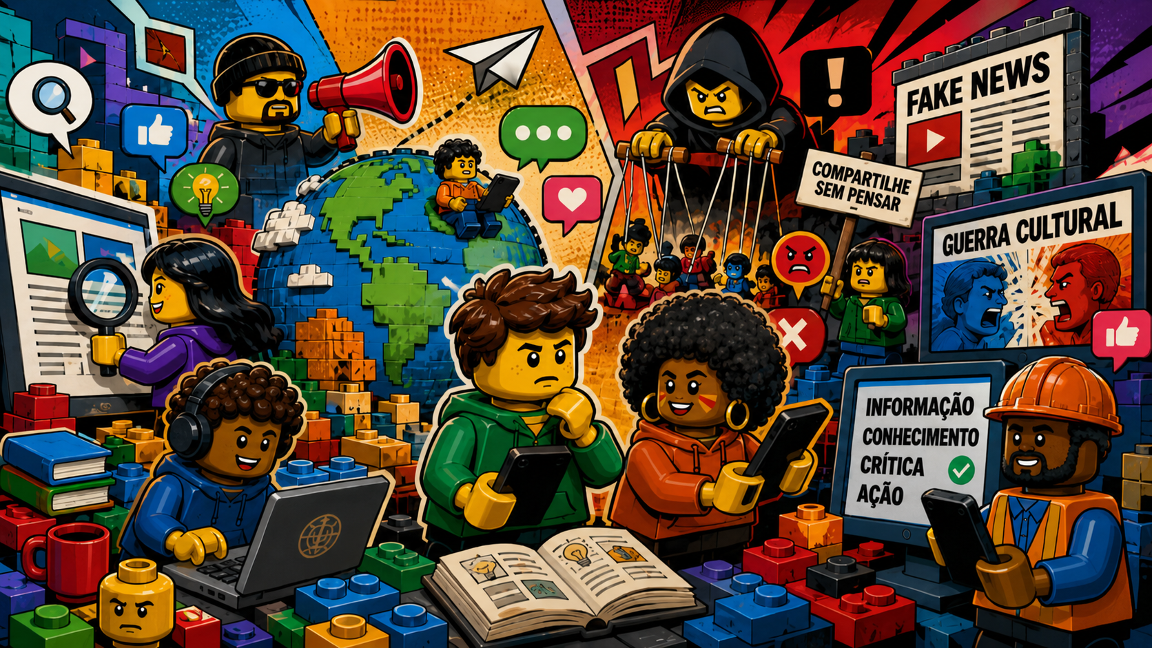 Ilustração digital sobre memes, redes sociais e guerra cultural.